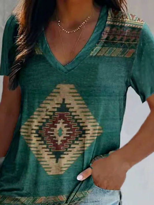 Tribal Cotton Blends Casual V Neck Short Sleeve T-Shirt