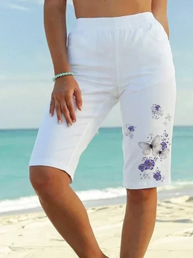 Cotton butterfly flower print elastic waist pocket Beach Resort shorts Plus Size