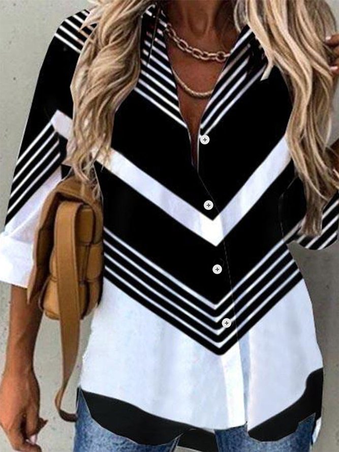Shirt Collar Casual Striped Color Block Long Sleeve Blouse