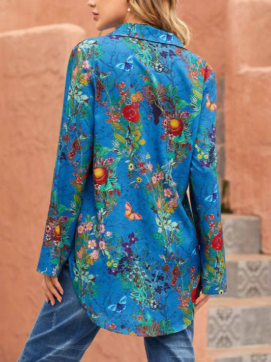 Long sleeved V-neck floral plant Print Blouse women's shirt