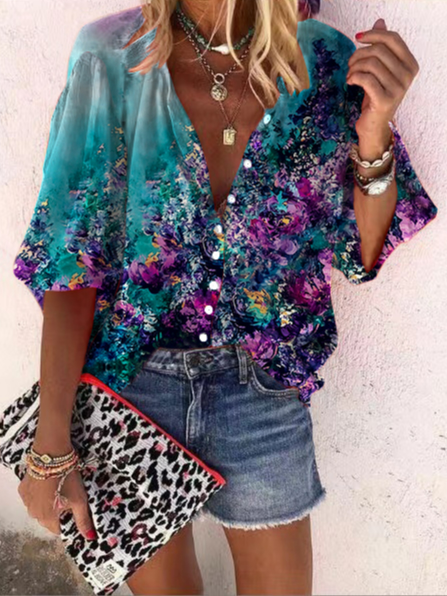 Vacation Floral V Neck Mid Sleeve Blouse