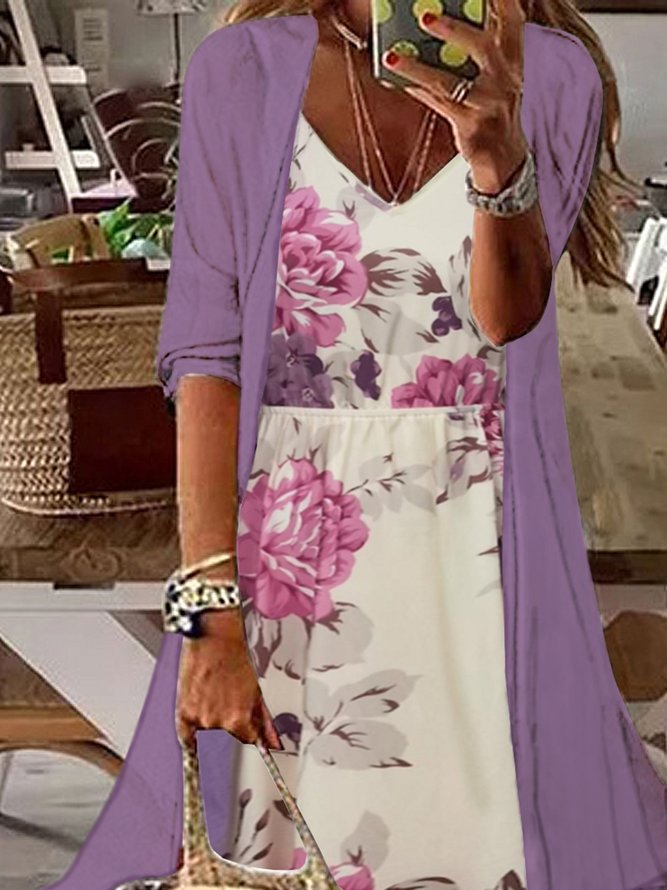 Two Piece Long Sleeve Casual V-neck Floral Printed Maxi Dresses