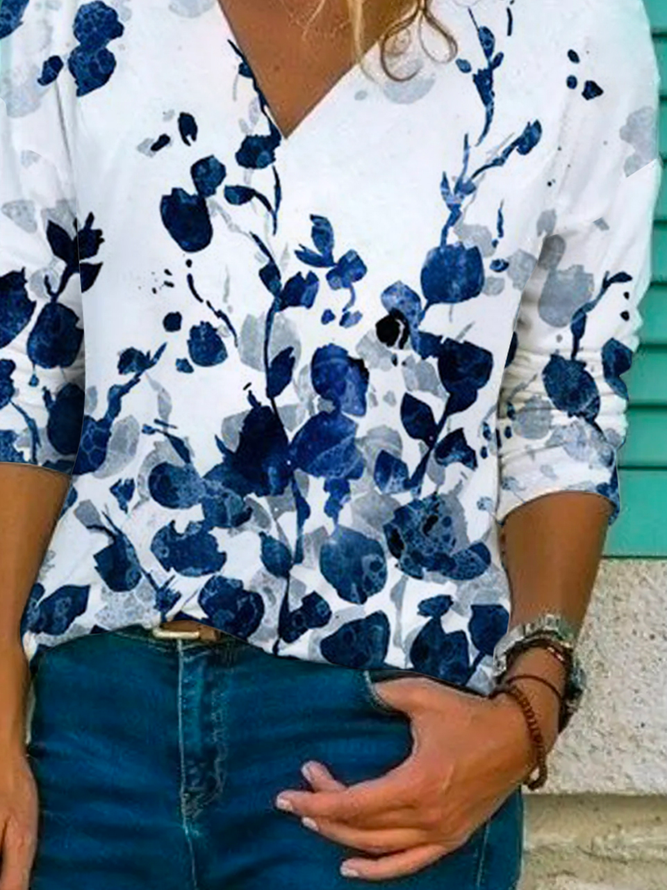 Women's V-Neck T-Shirts Long Sleeve Casual Floral Top White
