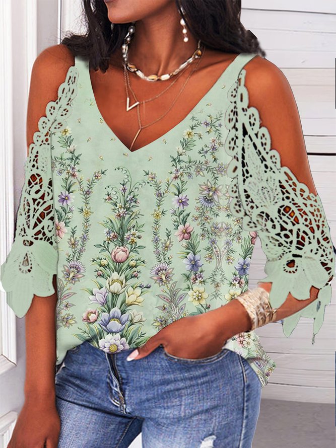 Lace Floral Vacation Short Sleeve Tops