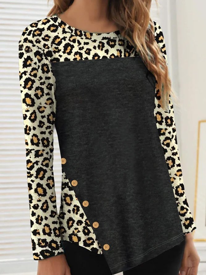 Casual Leopard Round Neck Long Sleeve T-Shirts & Tees