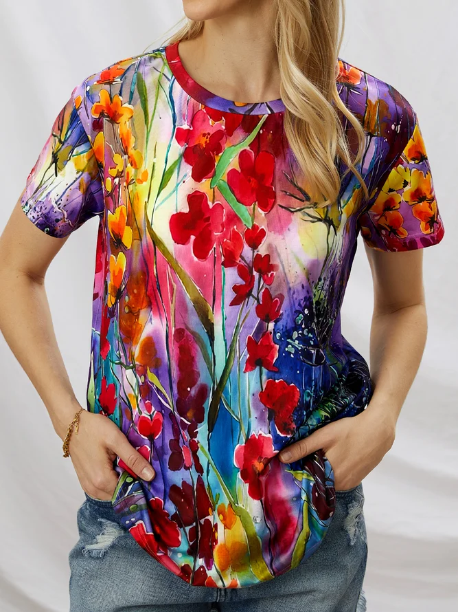 Vacation Casual Floral Pattern Crew Neck T-shirt