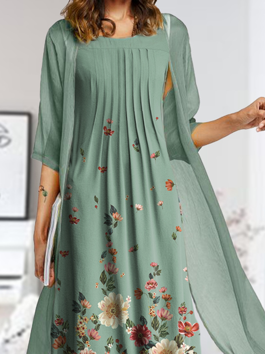 Half Sleeve Loosen Floral Round Neck Two Piece Dress