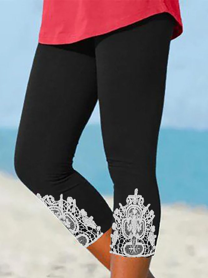 Women's Lace Panel Design Slim Fit Cropped Pants