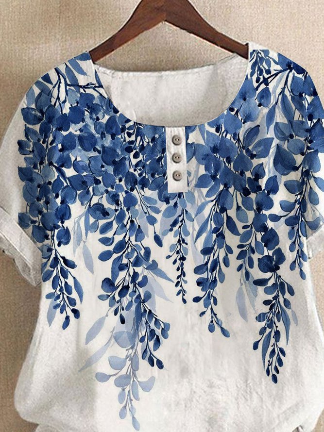 Ink painting branches and leaves loose vacation linen nail button top T-shirt