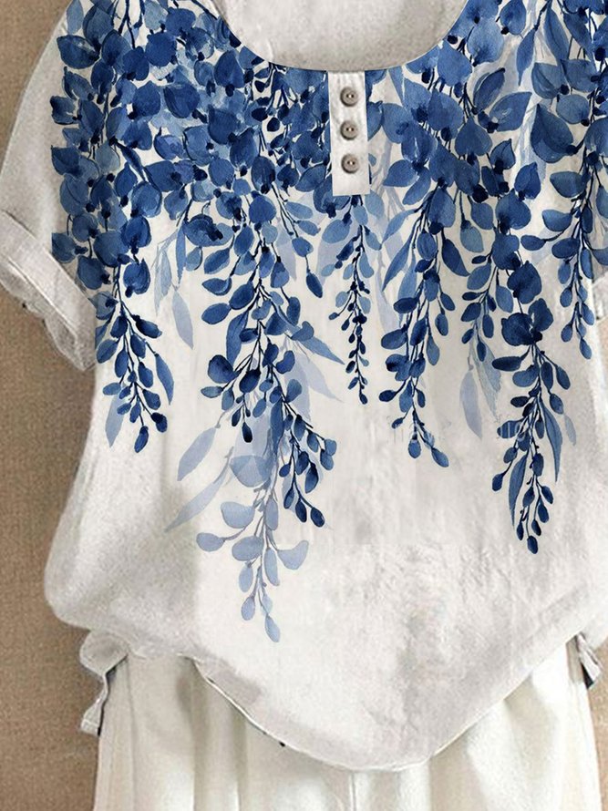 Ink painting branches and leaves loose vacation linen nail button top T-shirt Plus Size