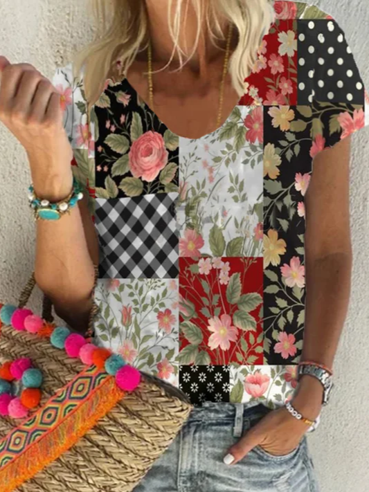 Short Sleeve Casual Floral-Print Tops