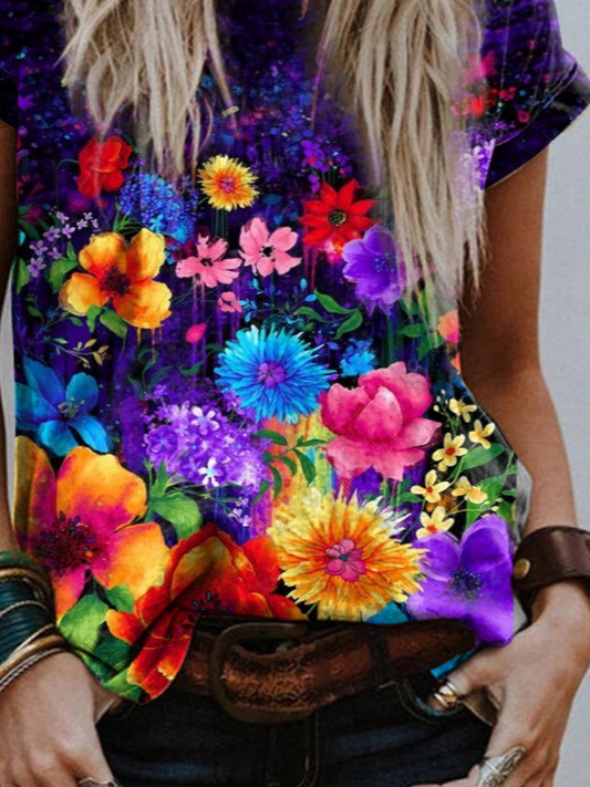 Vacation Round Neck Floral Short Sleeve T-Shirt