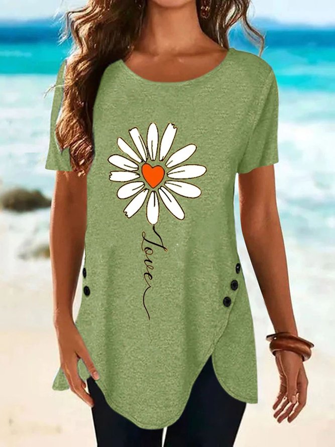 Floral Crew Neck Casual Short Sleeve Tops