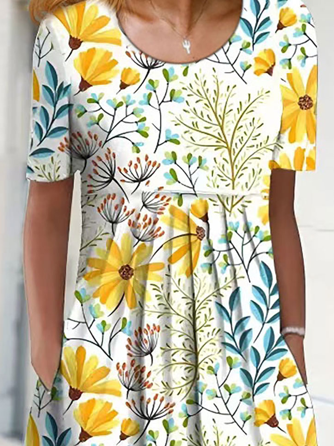 Vacation Floral Regular Fit Cotton Blends Short Sleeve Knit Dress