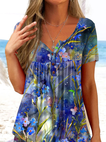 Round Neck Vacation Short Sleeve Tops