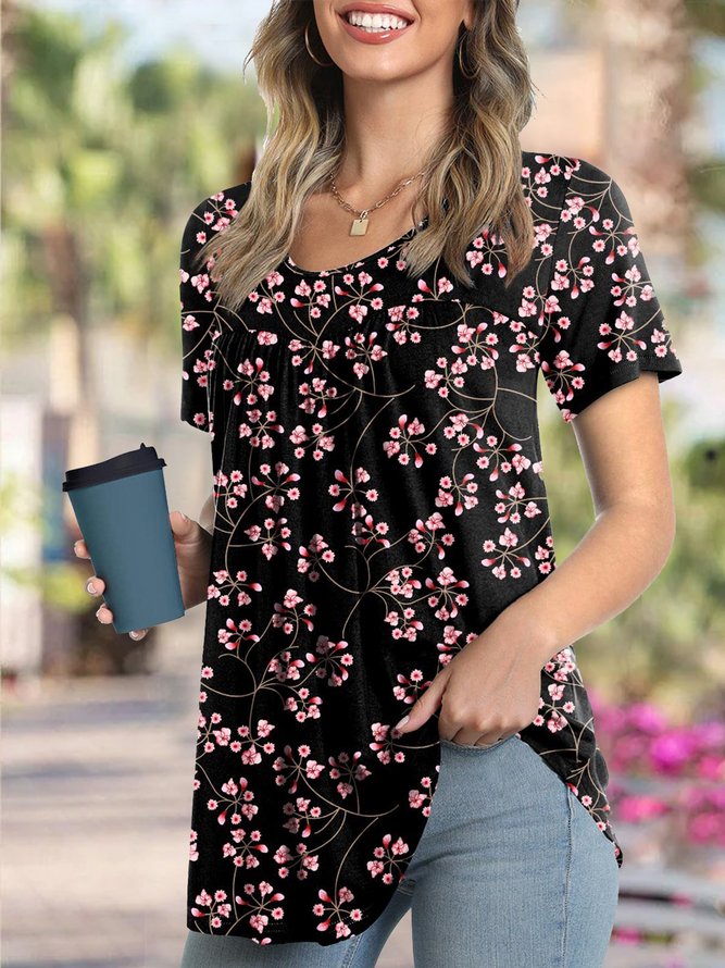 Ladies Top Ruched Floral Short Sleeve Stretchy Tunic