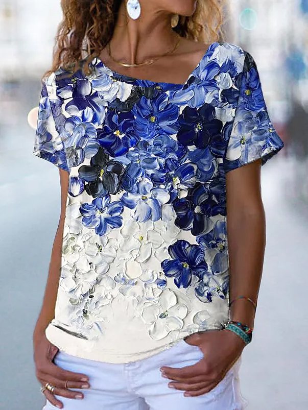Floral Loosen Cotton Blends Short Sleeve T-Shirt
