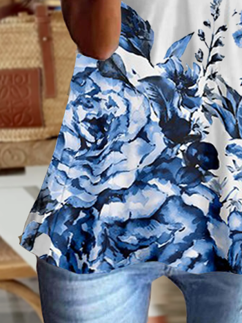 Blue and White Floral Print Wavy V-Neck Top