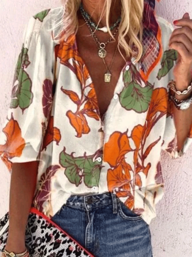 Vacation Floral Buttoned Mid Sleeve Blouse