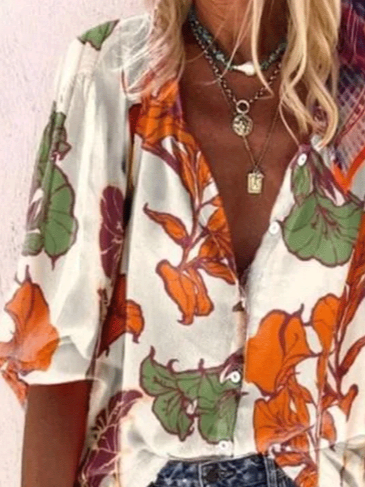 Vacation Floral Buttoned Mid Sleeve Blouse