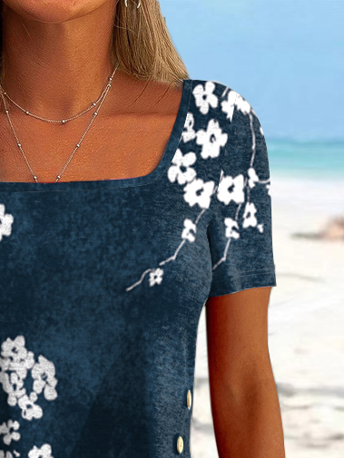 Floral Square Neck Casual Short Sleeve Top
