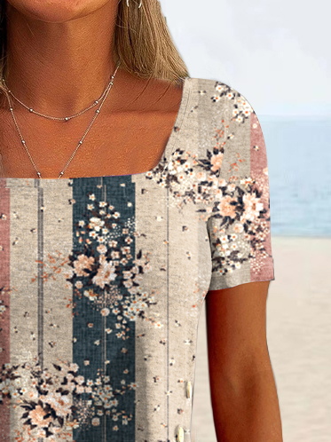 Floral Vacation Square Neck Short Sleeve Tops