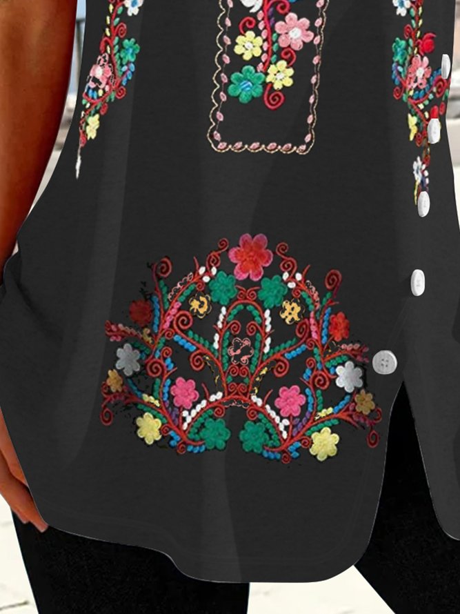 Mexican pattern holiday loose folk flower printing irregular hem nail button top T-shirt tunic