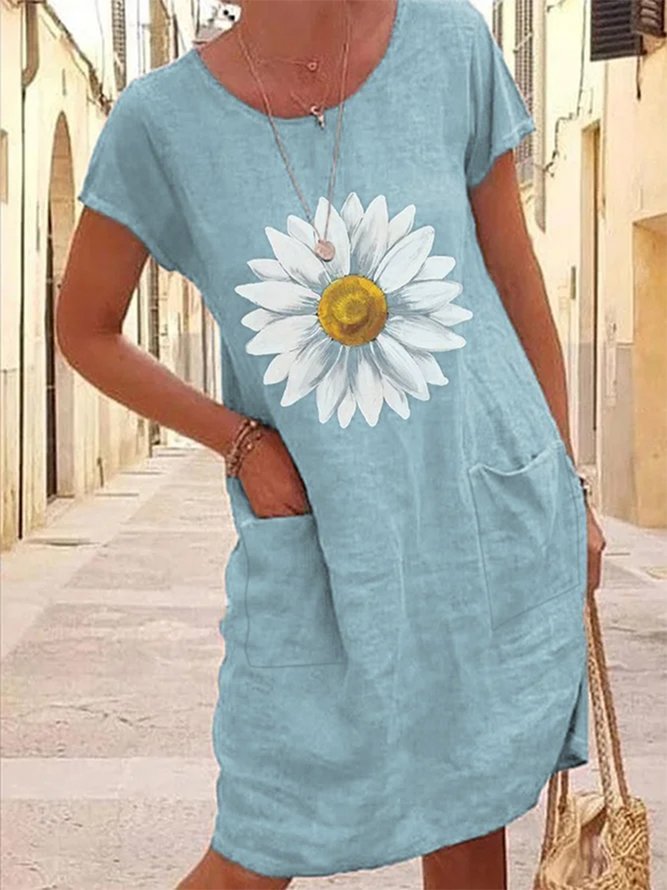 Women's Off Shoulder Loosen Casual Sunflower Short Sleeve Knit Dress