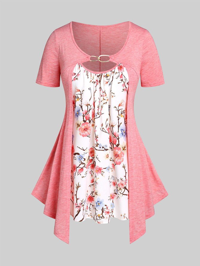 Casual Floral Design Fake Two Piece Short Sleeve Top