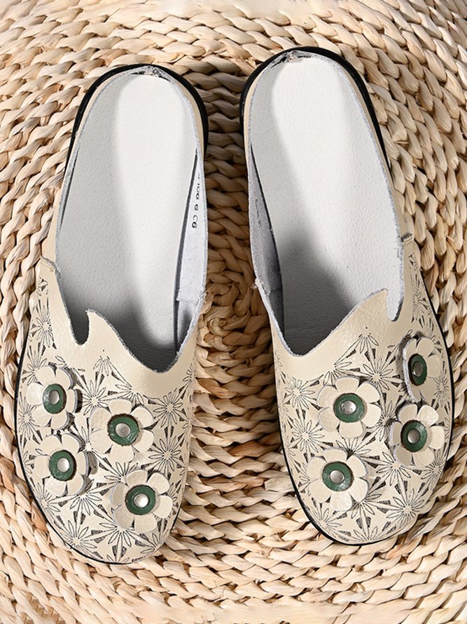 Floral Cutout Leather Soft Flat Mules