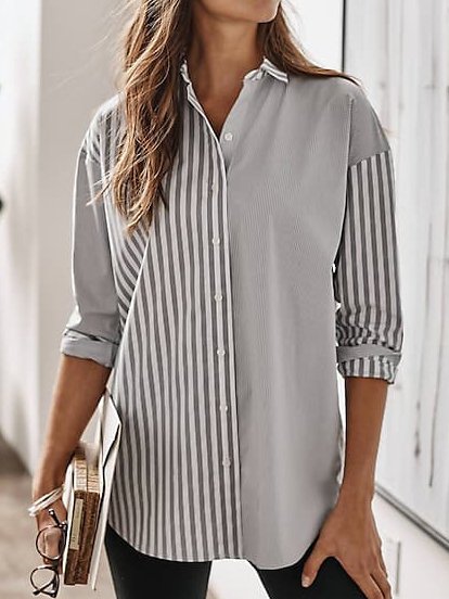 Shirt Collar Cotton-Blend Striped Blouse