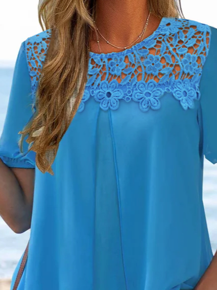 Casual Plain Lace Panel Short Sleeve Top