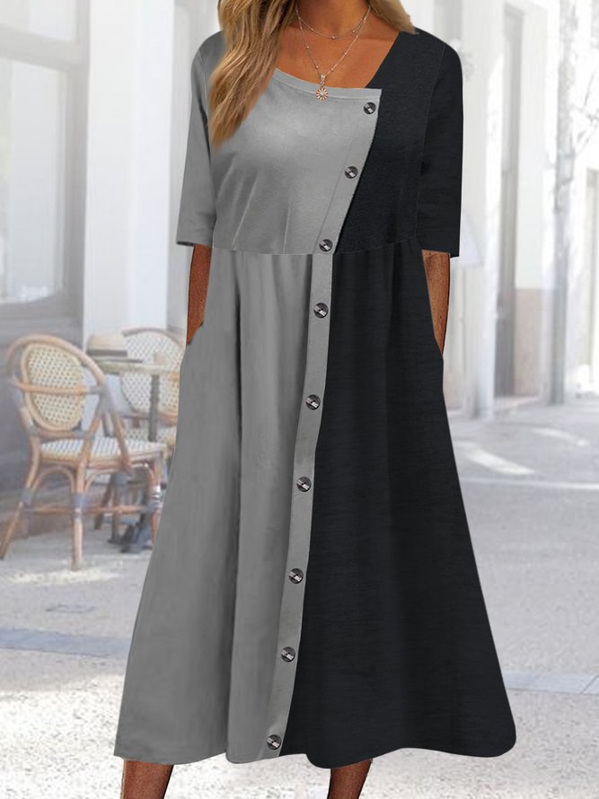 Asymmetric collar button contrast Long Dress Plus Size