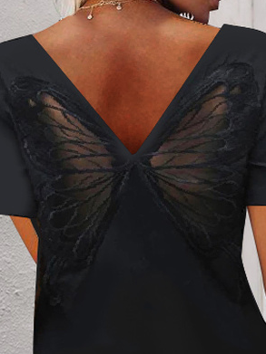 Plain Back Lace Butterfly Patch Short Sleeve T-Shirt