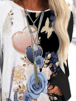 Casual Contrast Floral Knit Long Sleeve T-Shirt