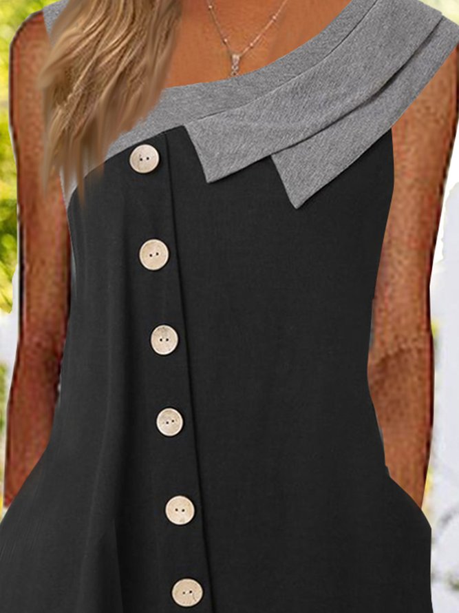 Asymmetric collar button a long dress color block
