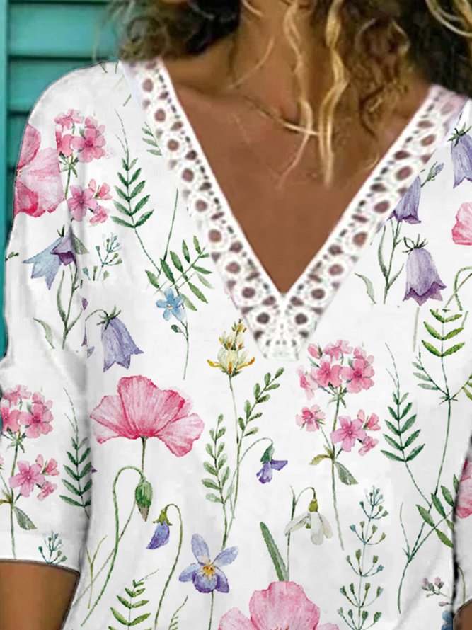 Lace V Neck Casual Floral Loose T-Shirt