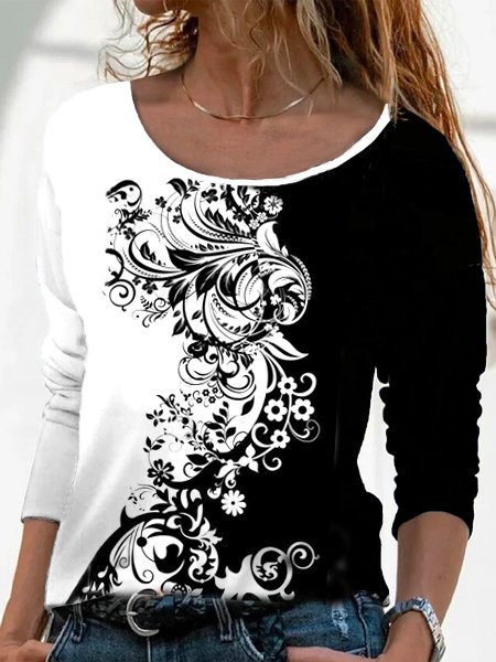 Casual Floral Crew Neck Tops