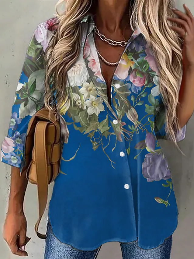 Casual Shawl Collar Floral Loose Blouse