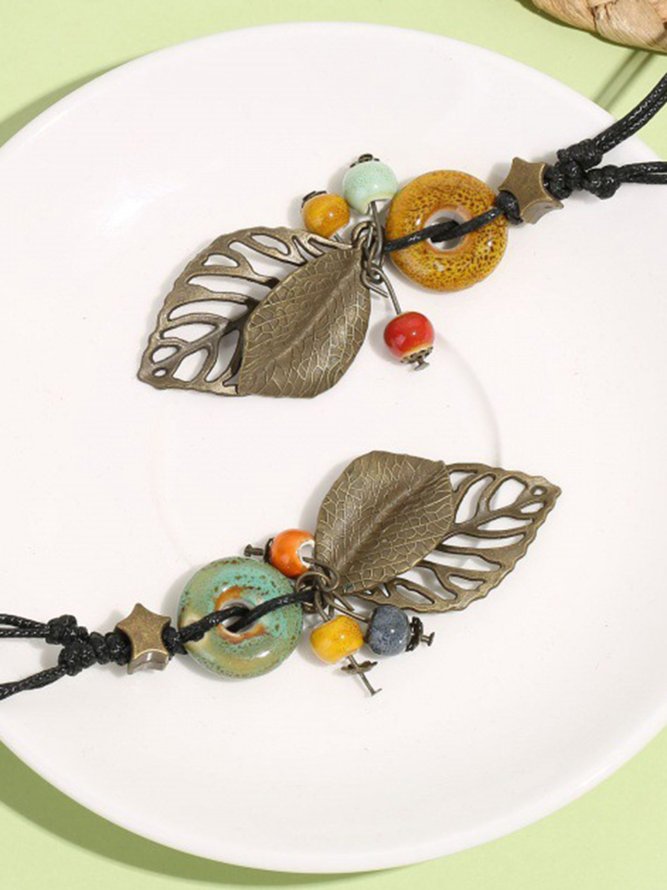 Boho Round Ceramic Leaf Necklace Sweater Chain