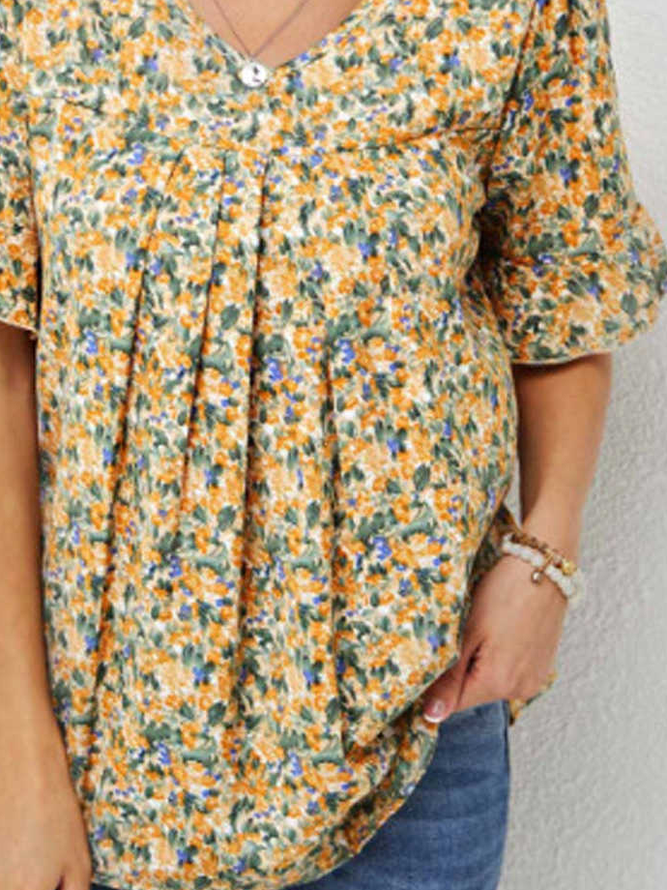 Floral Loose V Neck Casual Tops