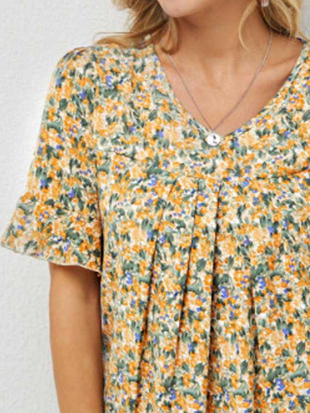 Floral Loose V Neck Casual Tops