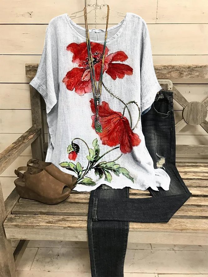 Floral Crew Neck Casual Tops