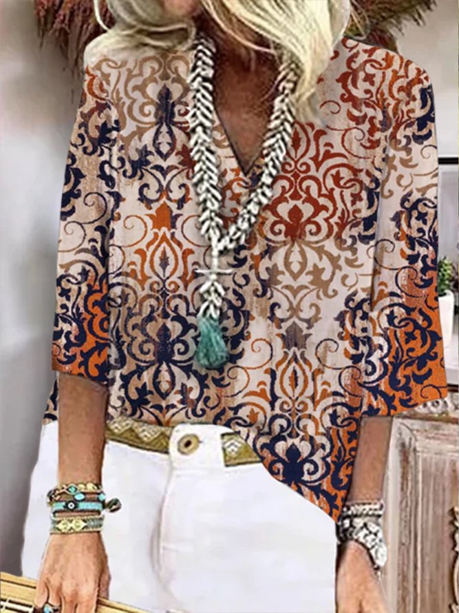 Loose V Neck Vacation Ethnic  Blouse