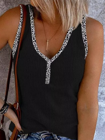 Casual Basic Leopard Print Covered V-Neck Knit Tank Top