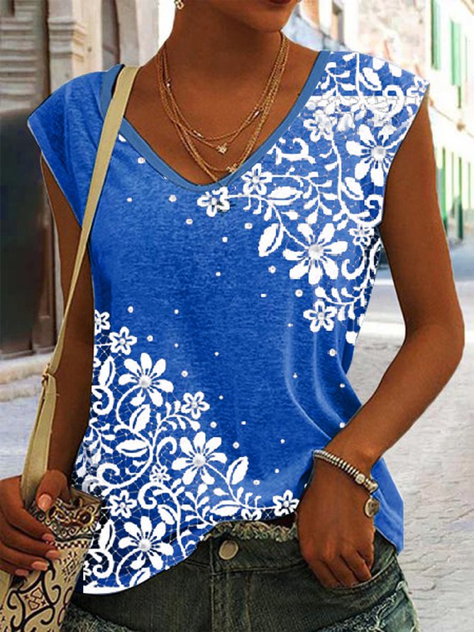 Floral Design Casual Loose Sleeveless Top