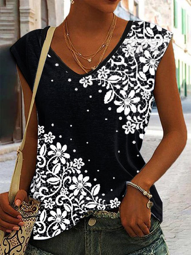 Floral Design Casual Loose Sleeveless Top