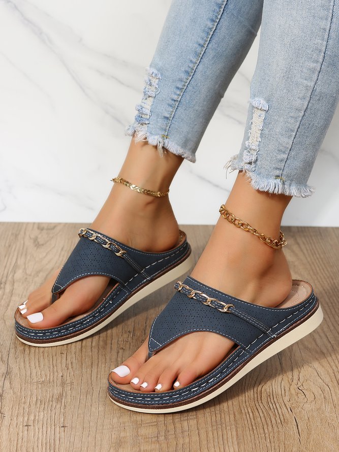 Gold Chain Cutout Upper Casual Vacation Flip-Flops