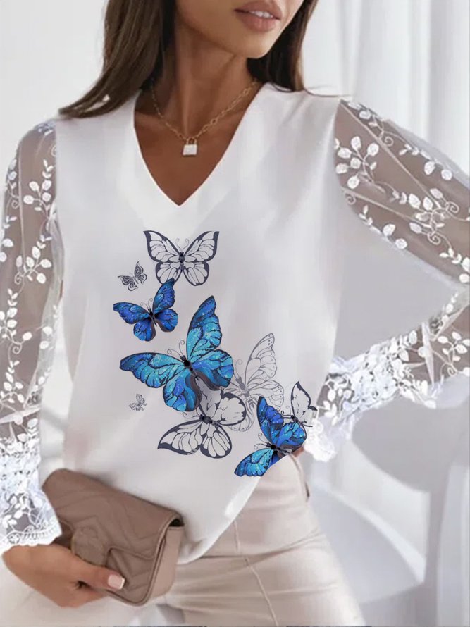 Loose V Neck Butterfly  Vacation Tops