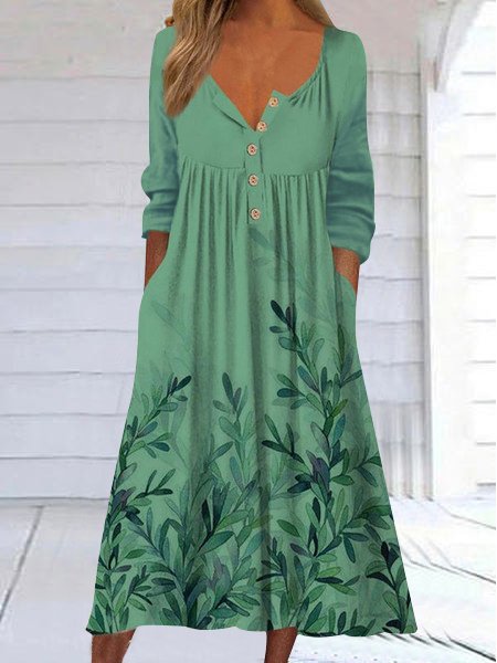 Casual Foliage Floral Design Round Neck Long Sleeve Knit Dress